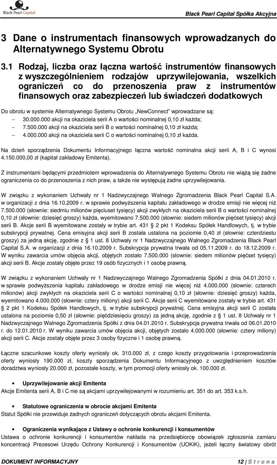 lub świadczeń dodatkowych Do obrotu w systemie Alternatywnego Systemu Obrotu NewConnect wprowadzane są: 30.000.000 akcji na okaziciela serii A o wartości nominalnej 0,10 zł każda; 7.500.