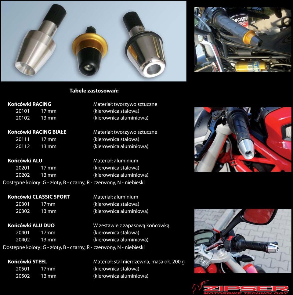 R - czerwony, N - niebieski Końcówki CLASSIC SPORT Materiał: aluminium 20301 17mm (kierownica stalowa) 20302 13 mm (kierownica aluminiowa) Końcówki ALU DUO W zestawie z zapasową końcówką.