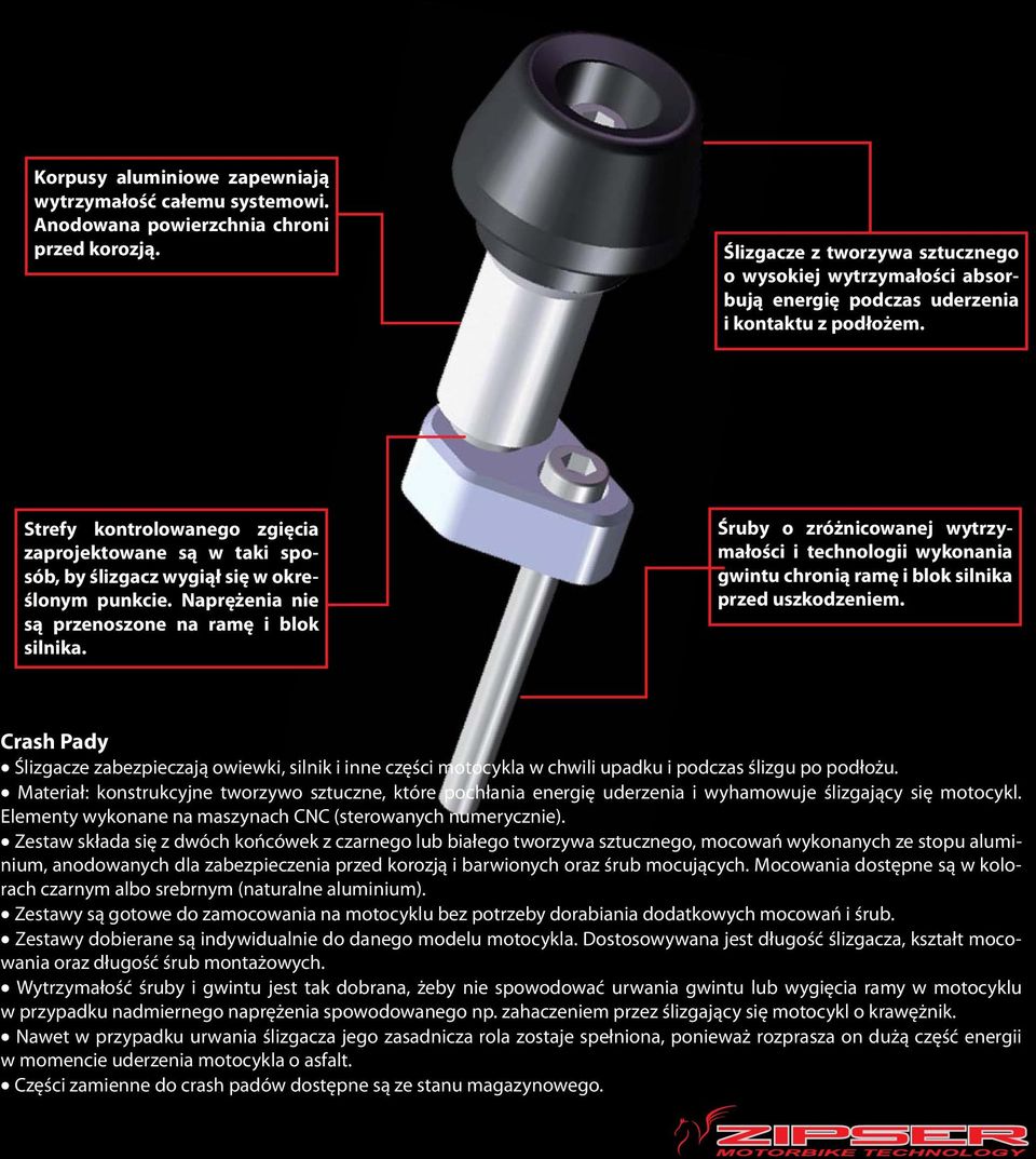 Strefy kontrolowanego zgięcia zaprojektowane są w taki sposób, by ślizgacz wygiął się w określonym punkcie. Naprężenia nie są przenoszone na ramę i blok silnika.