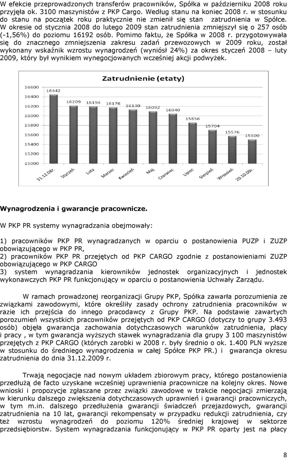 W okresie od stycznia 2008 do lutego 2009 stan zatrudnienia zmniejszył się o 257 osób (-1,56%) do poziomu 16192 osób. Pomimo faktu, Ŝe Spółka w 2008 r.