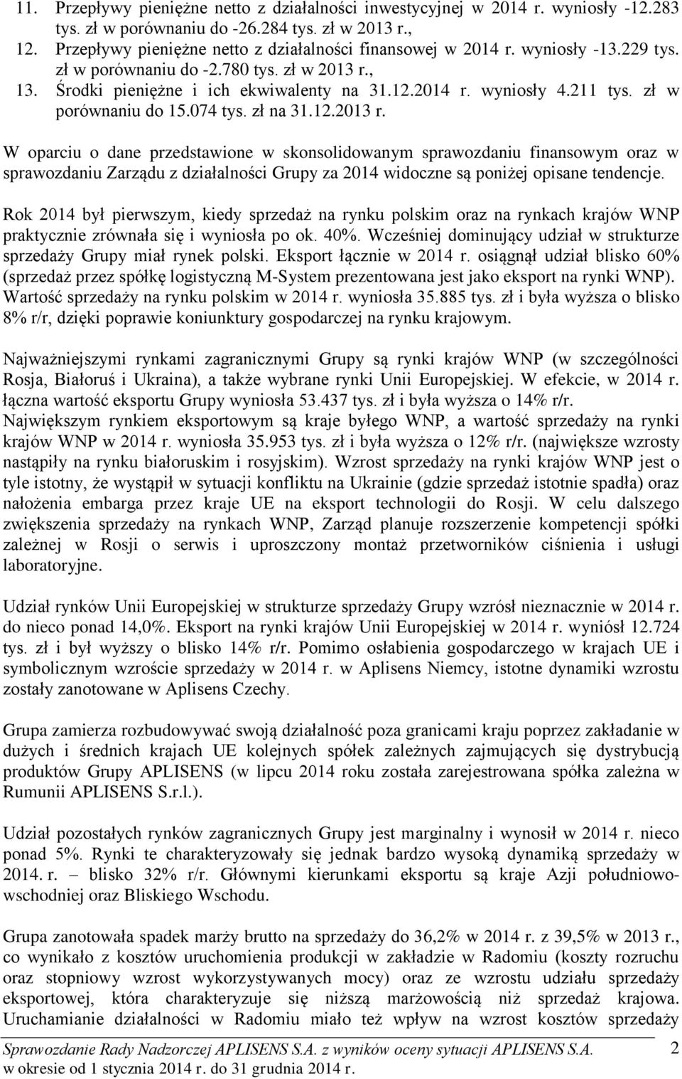 211 tys. zł w porównaniu do 15.074 tys. zł na 31.12.2013 r.