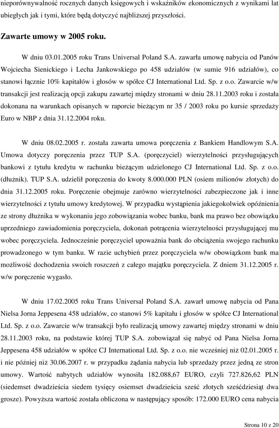 zawarła umowę nabycia od Panów Wojciecha Sienickiego i Lecha Jankowskiego po 458 udziałów (w sumie 916 udziałów), co stanowi łącznie 10% kapitałów i głosów w spółce CJ International Ltd. Sp. z o.o. Zawarcie w/w transakcji jest realizacją opcji zakupu zawartej między stronami w dniu 28.