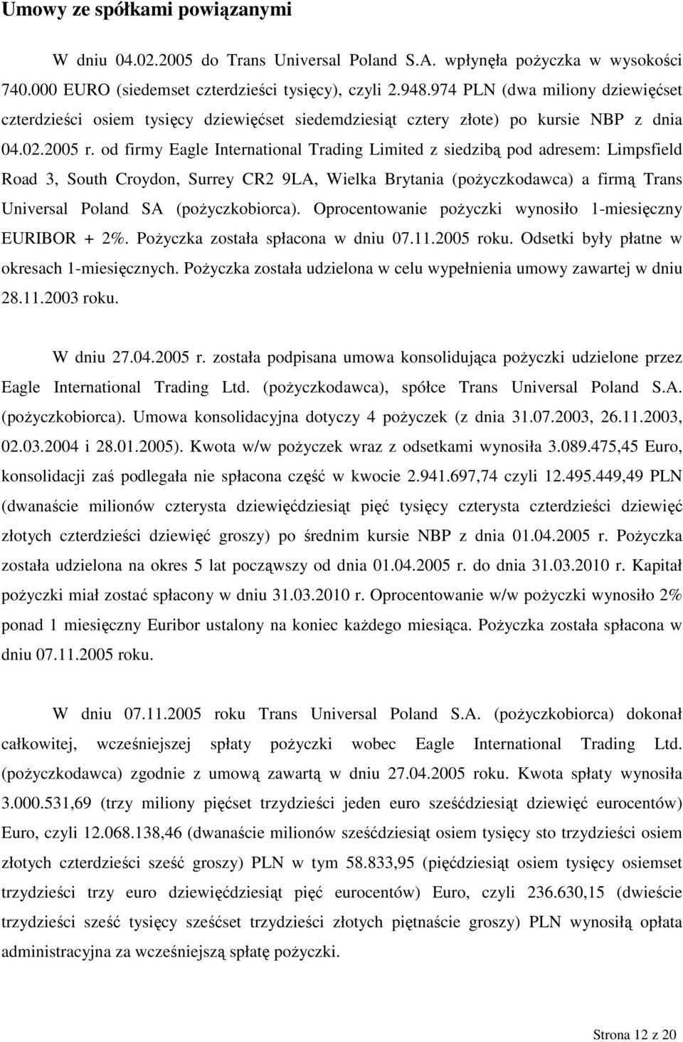 od firmy Eagle International Trading Limited z siedzibą pod adresem: Limpsfield Road 3, South Croydon, Surrey CR2 9LA, Wielka Brytania (poŝyczkodawca) a firmą Trans Universal Poland SA