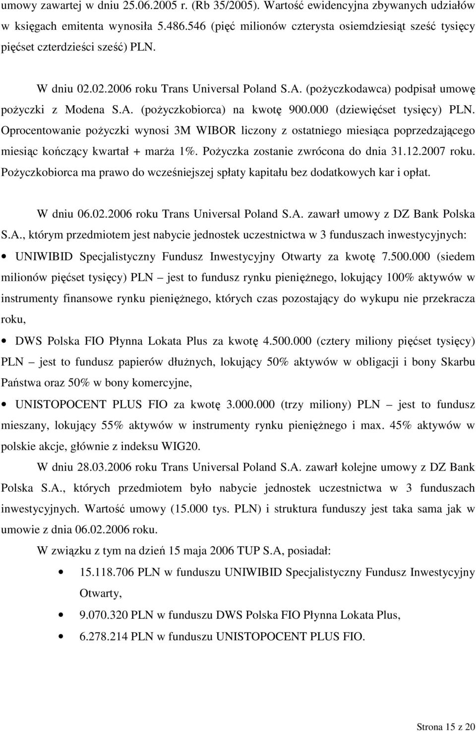 000 (dziewięćset tysięcy) PLN. Oprocentowanie poŝyczki wynosi 3M WIBOR liczony z ostatniego miesiąca poprzedzającego miesiąc kończący kwartał + marŝa 1%. PoŜyczka zostanie zwrócona do dnia 31.12.