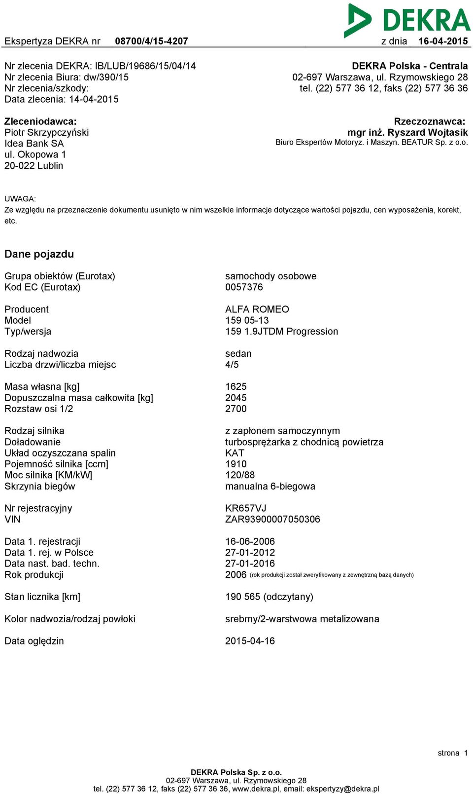 z o.o. UWAGA: Ze względu na przeznaczenie dokumentu usunięto w nim wszelkie informacje dotyczące wartości pojazdu, cen wyposażenia, korekt, etc.