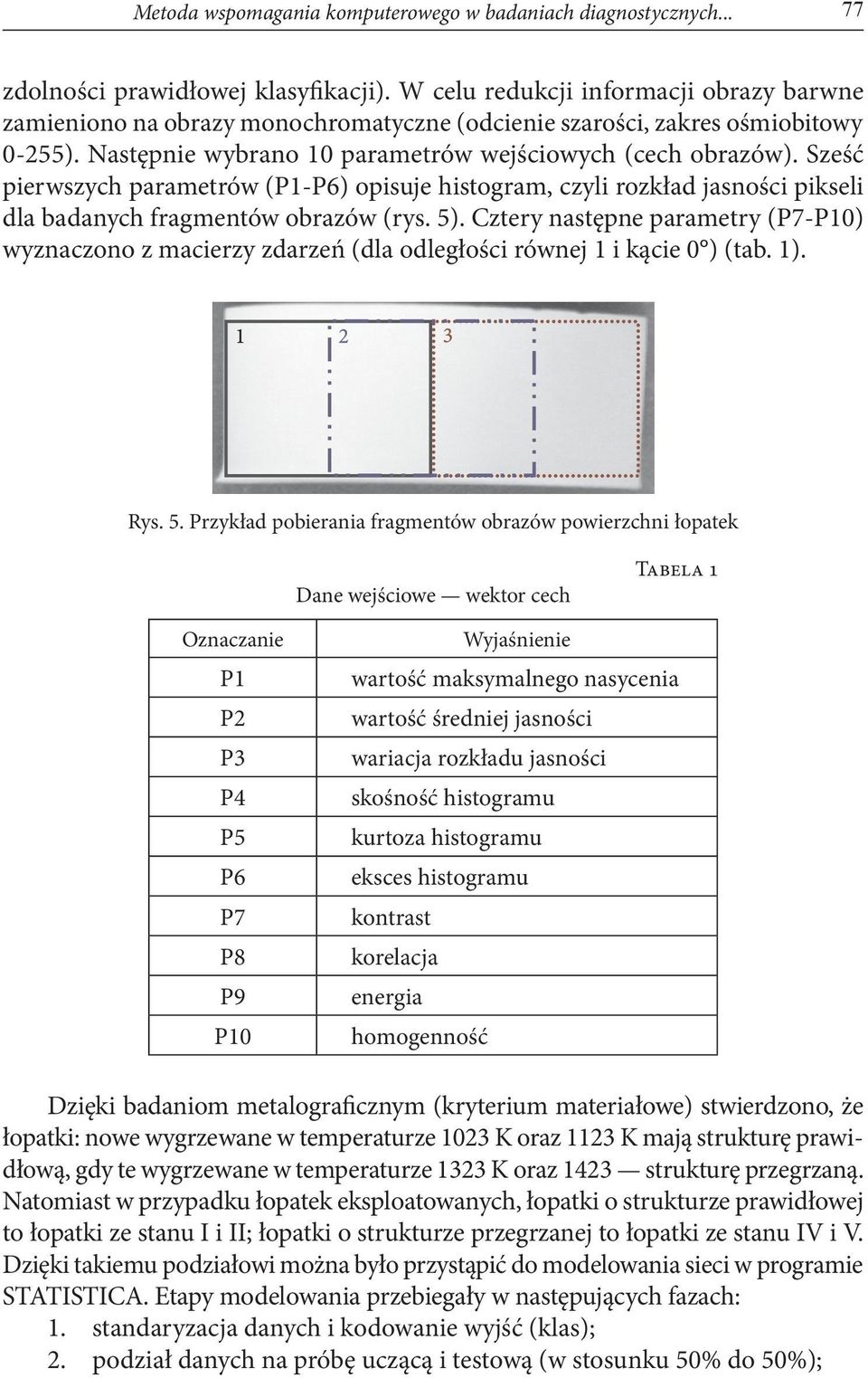 Sześć pierwszych parametrów (P1-P6) opisuje histogram, czyli rozkład jasności pikseli dla badanych fragmentów obrazów (rys. 5).