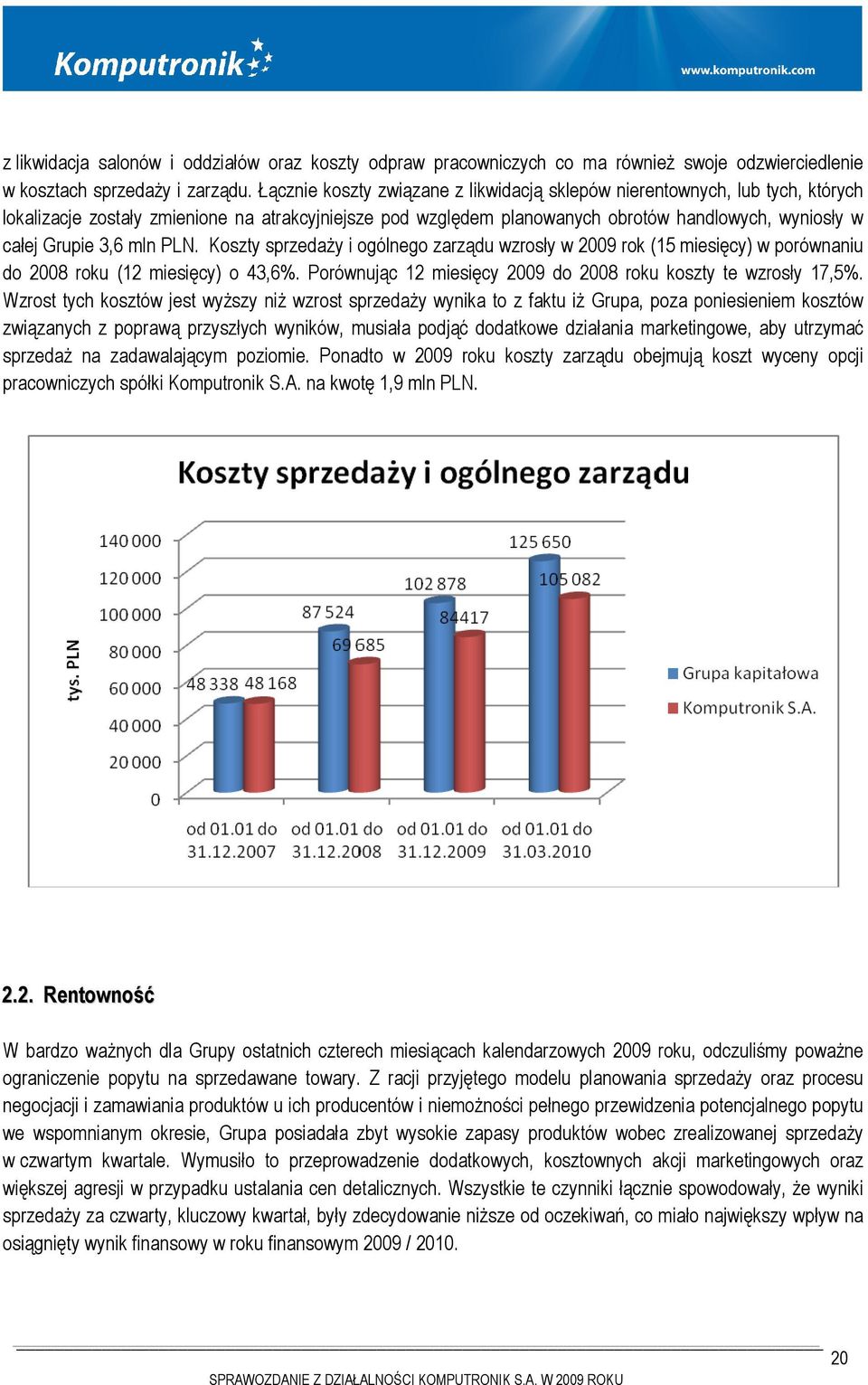 mln PLN. Koszty sprzedaży i ogólnego zarządu wzrosły w 2009 rok (15 miesięcy) w porównaniu do 2008 roku (12 miesięcy) o 43,6%. Porównując 12 miesięcy 2009 do 2008 roku koszty te wzrosły 17,5%.