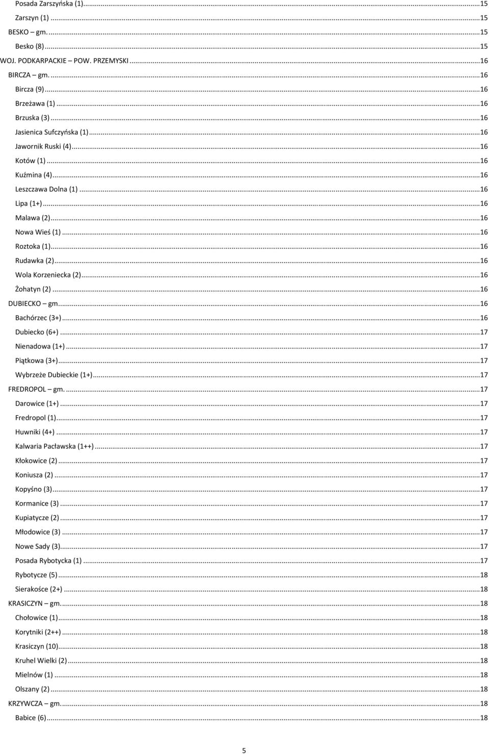 .. 16 Rudawka (2)... 16 Wola Korzeniecka (2)... 16 Żohatyn (2)... 16 DUBIECKO gm.... 16 Bachórzec (3+)... 16 Dubiecko (6+)... 17 Nienadowa (1+)... 17 Piątkowa (3+)... 17 Wybrzeże Dubieckie (1+).