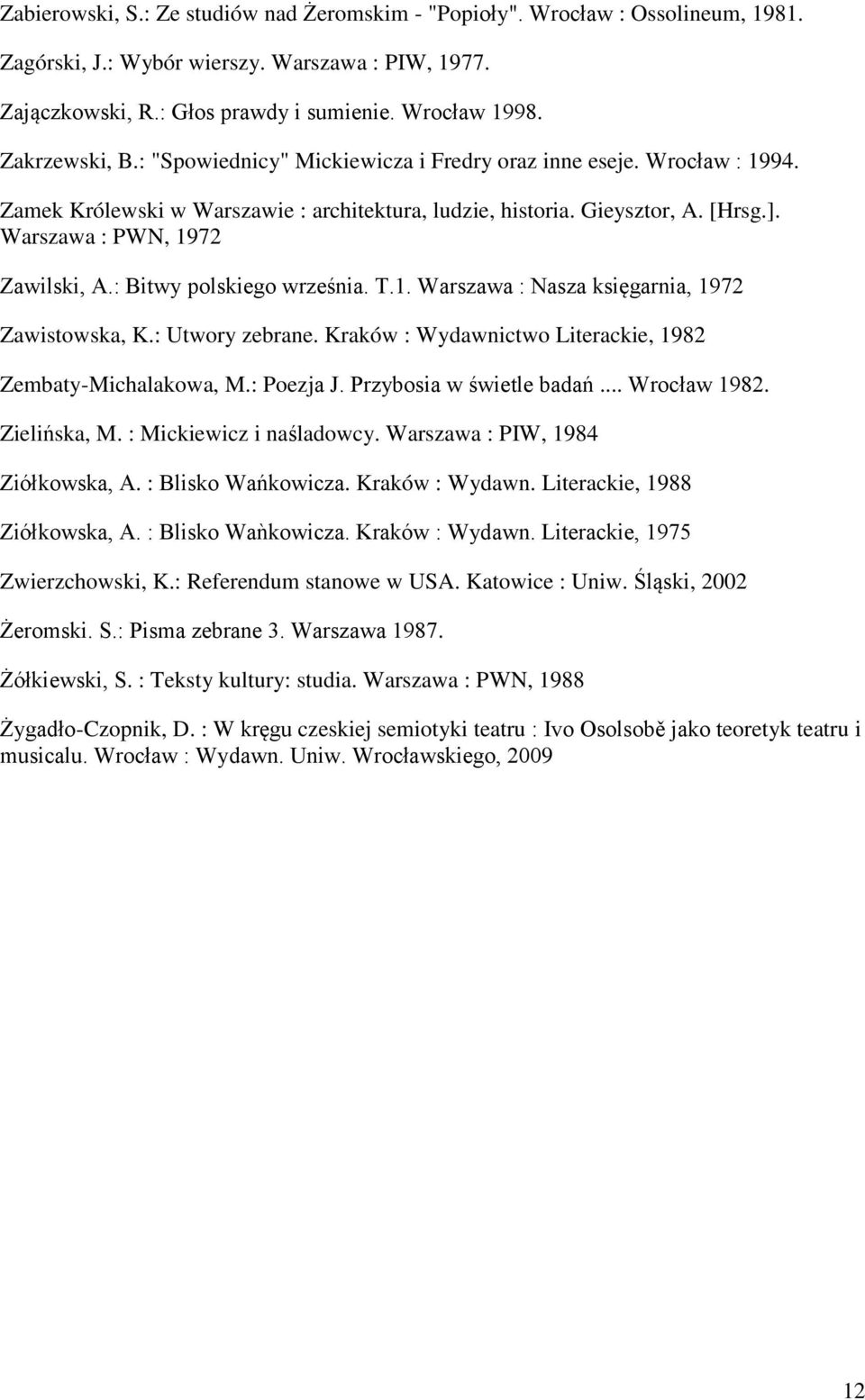 Warszawa : PWN, 1972 Zawilski, A.: Bitwy polskiego września. T.1. Warszawa : Nasza księgarnia, 1972 Zawistowska, K.: Utwory zebrane. Kraków : Wydawnictwo Literackie, 1982 Zembaty-Michalakowa, M.