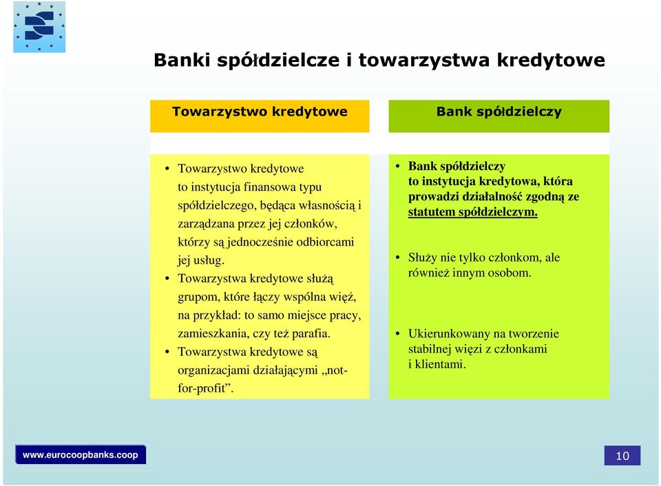 Towarzystwa kredytowe słuŝą grupom, które łączy wspólna więź, na przykład: to samo miejsce pracy, zamieszkania, czy teŝ parafia.