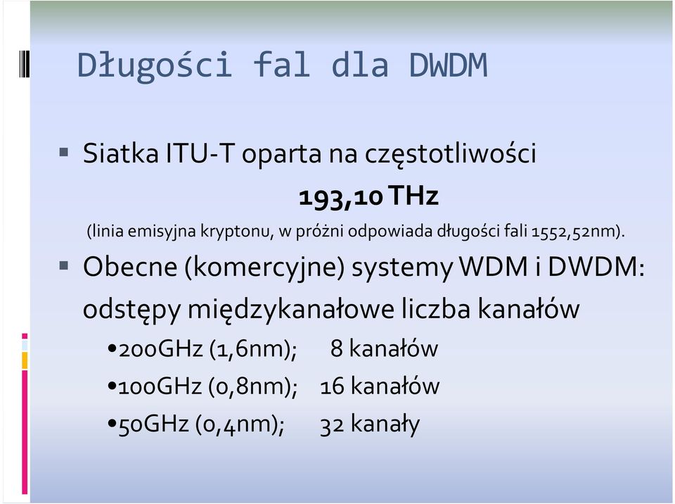 Obecne (komercyjne) systemy WDM i DWDM: odstępy międzykanałowe liczba