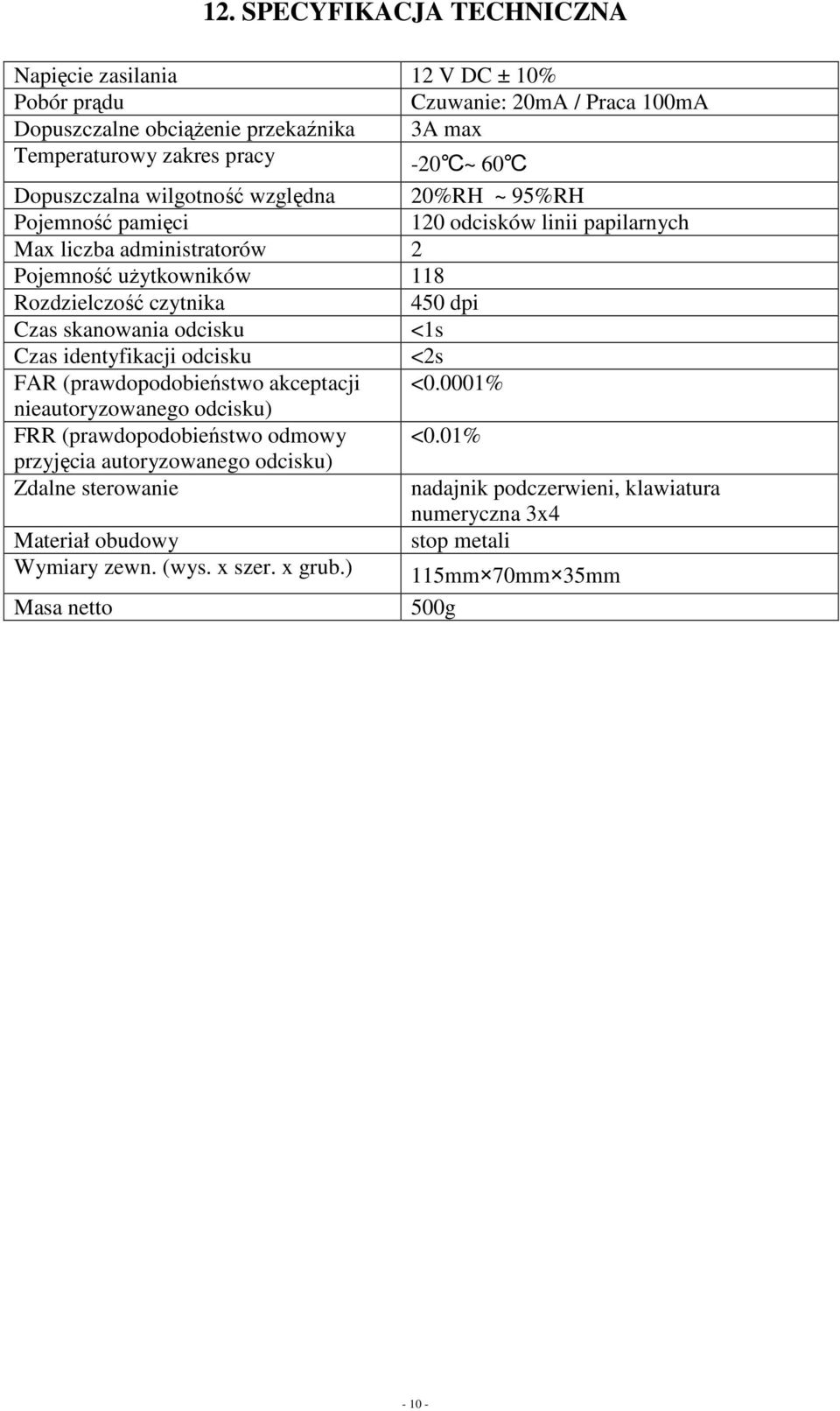 Czas skanowania odcisku <1s Czas identyfikacji odcisku <2s FAR (prawdopodobieństwo akceptacji <0.0001% nieautoryzowanego odcisku) FRR (prawdopodobieństwo odmowy <0.