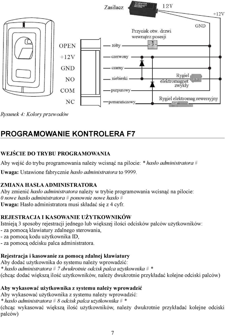 ZMIANA HASŁA ADMINISTRATORA Aby zmienić hasło administratora należy w trybie programowania wcisnąć na pilocie: 0 nowe hasło administratora # ponownie nowe hasło # Uwaga: Hasło administratora musi