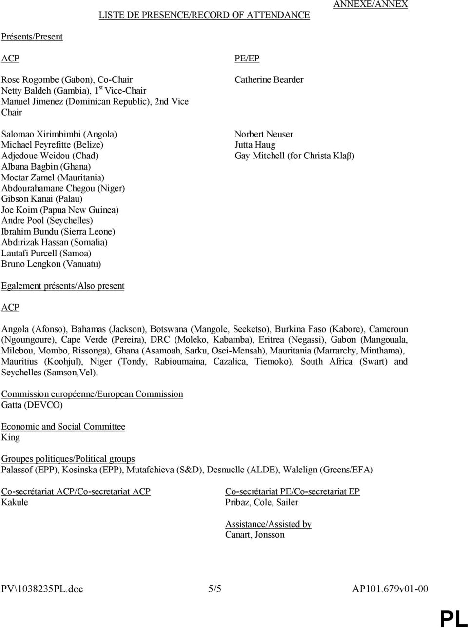 Guinea) Andre Pool (Seychelles) Ibrahim Bundu (Sierra Leone) Abdirizak Hassan (Somalia) Lautafi Purcell (Samoa) Bruno Lengkon (Vanuatu) PE/EP Catherine Bearder Norbert Neuser Jutta Haug Gay Mitchell