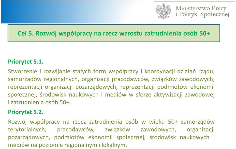 organizacji pozarządowych, reprezentacji podmiotów ekonomii społecznej, środowisk naukowych i mediów w sferze aktywizacji zawodowej i zatrudnienia osób 50+.