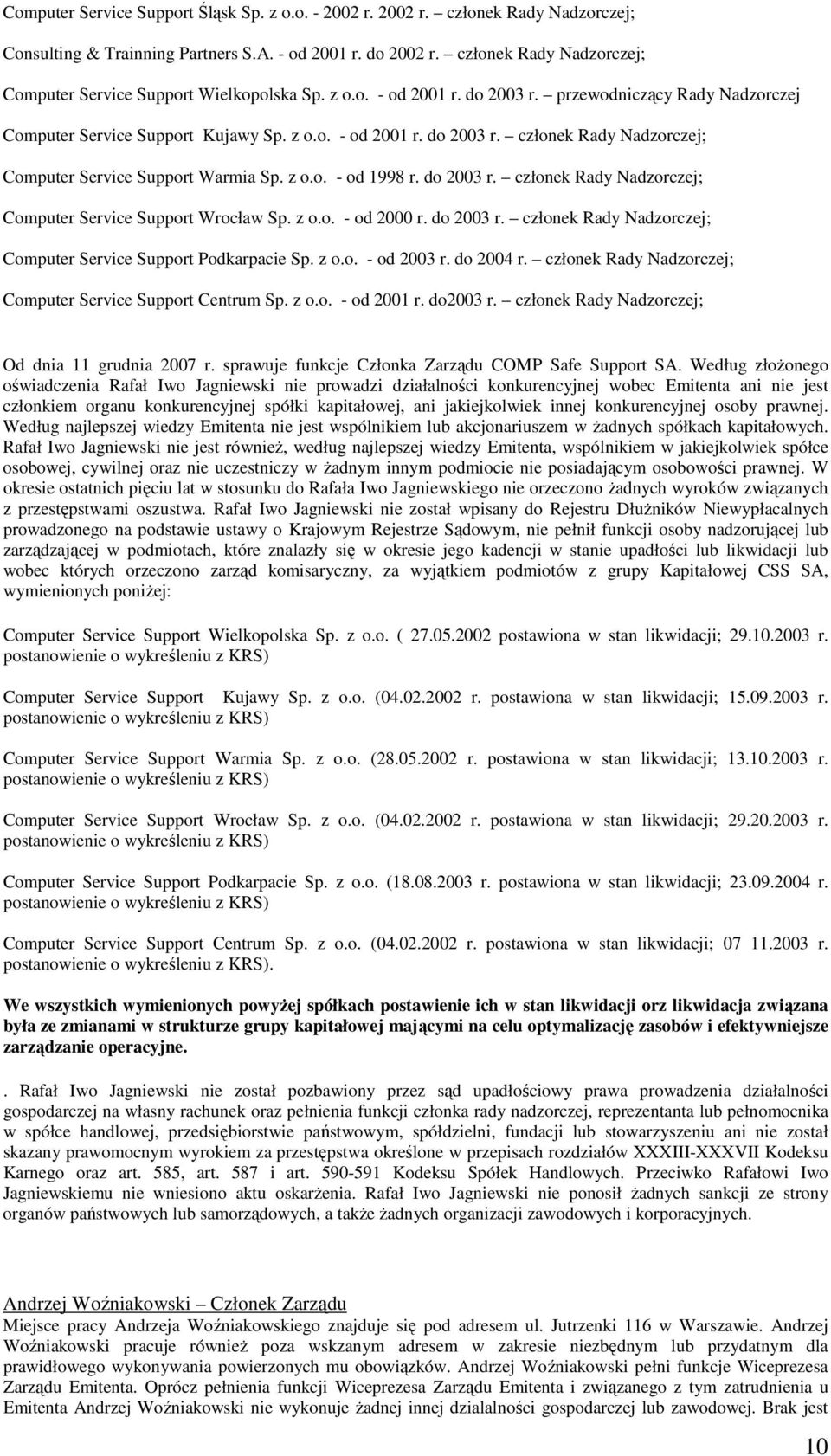 z o.o. - od 1998 r. do 2003 r. członek Rady Nadzorczej; Computer Service Support Wrocław Sp. z o.o. - od 2000 r. do 2003 r. członek Rady Nadzorczej; Computer Service Support Podkarpacie Sp. z o.o. - od 2003 r.