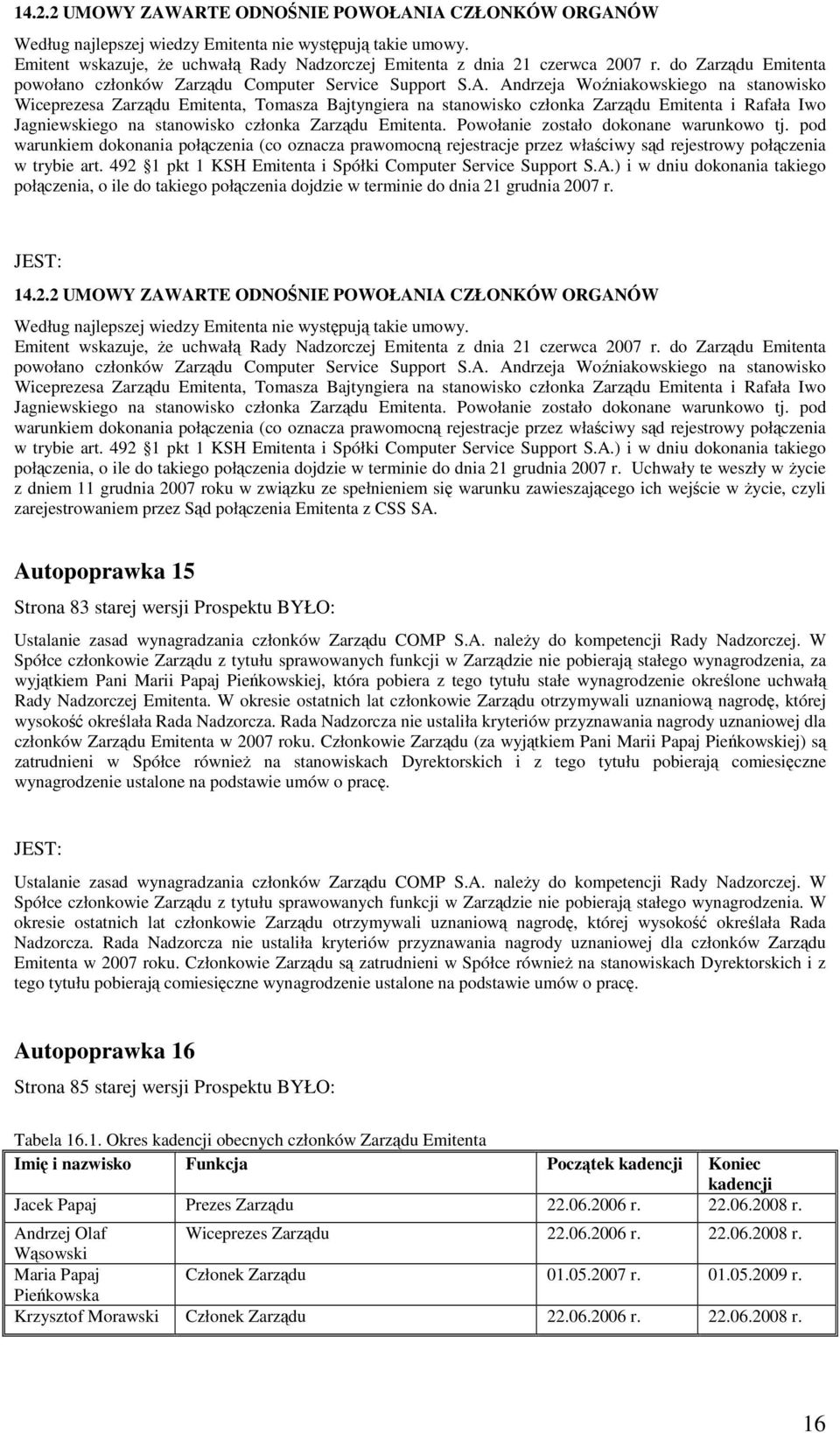 Andrzeja Woźniakowskiego na stanowisko Wiceprezesa Zarządu Emitenta, Tomasza Bajtyngiera na stanowisko członka Zarządu Emitenta i Rafała Iwo Jagniewskiego na stanowisko członka Zarządu Emitenta.