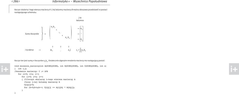 Ostatecznie algorytm mnożenia macierzy ma następującą postać: void mnozenie_macierzy(int A[SIZE][SIZE], int B[SIZE][SIZE], int C[SIZE][SIZE], int n) { int i,j; //mnożenie