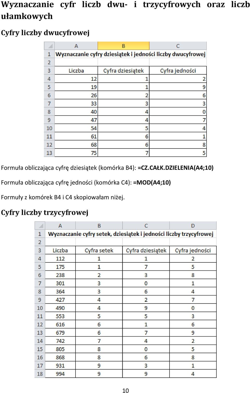 CAŁK.DZIELENIA(A4;10) Formuła obliczająca cyfrę jedności (komórka C4):