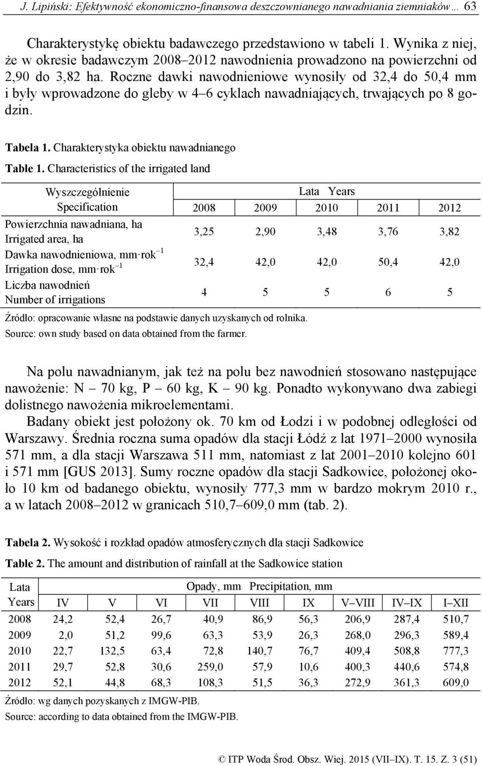 Roczne dawki nawodnieniowe wynosiły od 32,4 do 50,4 mm i były wprowadzone do gleby w 4 6 cyklach nawadniających, trwających po 8 godzin. Tabela 1. Charakterystyka obiektu nawadnianego Table 1.