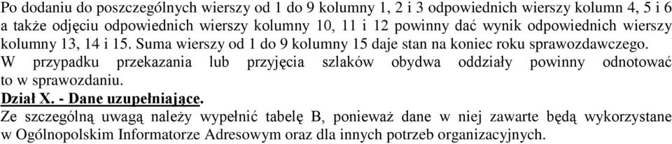 W przypadku przekazania lub przyjęcia szlaków obydwa oddziały powinny odnotować to w sprawozdaniu. Dział X. - Dane uzupełniające.