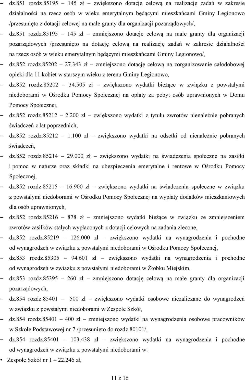 granty dla organizacji pozarządowych/, 85195 145 zł zmniejszono dotacje celową na małe granty dla organizacji pozarządowych /przesunięto na dotację celową na realizację zadań w zakresie działalności