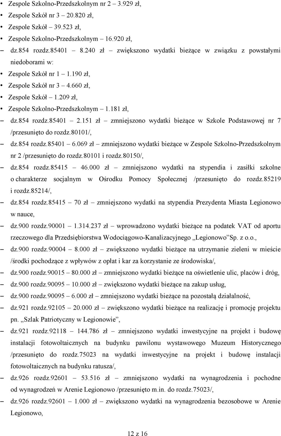 854 rozdz.85401 2.151 zł zmniejszono wydatki bieżące w Szkole Podstawowej nr 7 /przesunięto do rozdz.80101/, dz.854 rozdz.85401 6.