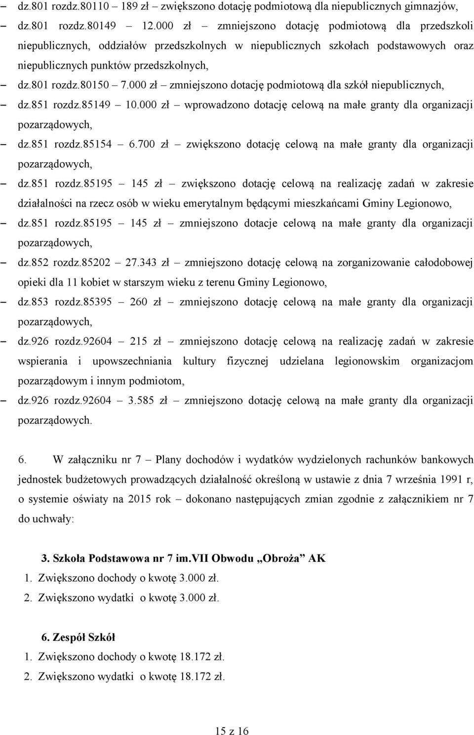 000 zł zmniejszono dotację podmiotową dla szkół niepublicznych, dz.851 rozdz.85149 10.000 zł wprowadzono dotację celową na małe granty dla organizacji pozarządowych, dz.851 rozdz.85154 6.