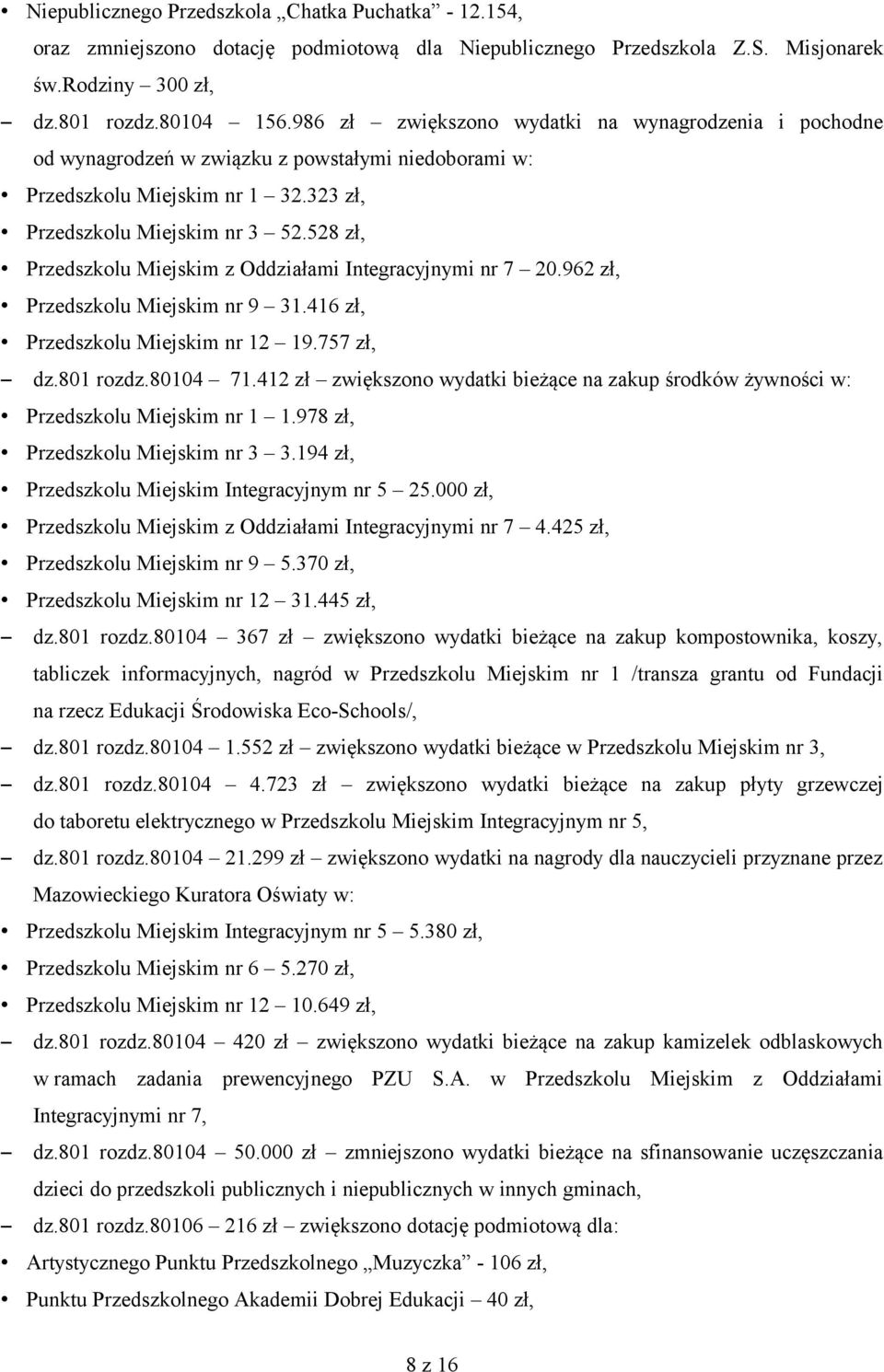 528 zł, Przedszkolu Miejskim z Oddziałami Integracyjnymi nr 7 20.962 zł, Przedszkolu Miejskim nr 9 31.416 zł, Przedszkolu Miejskim nr 12 19.757 zł, dz.801 rozdz.80104 71.