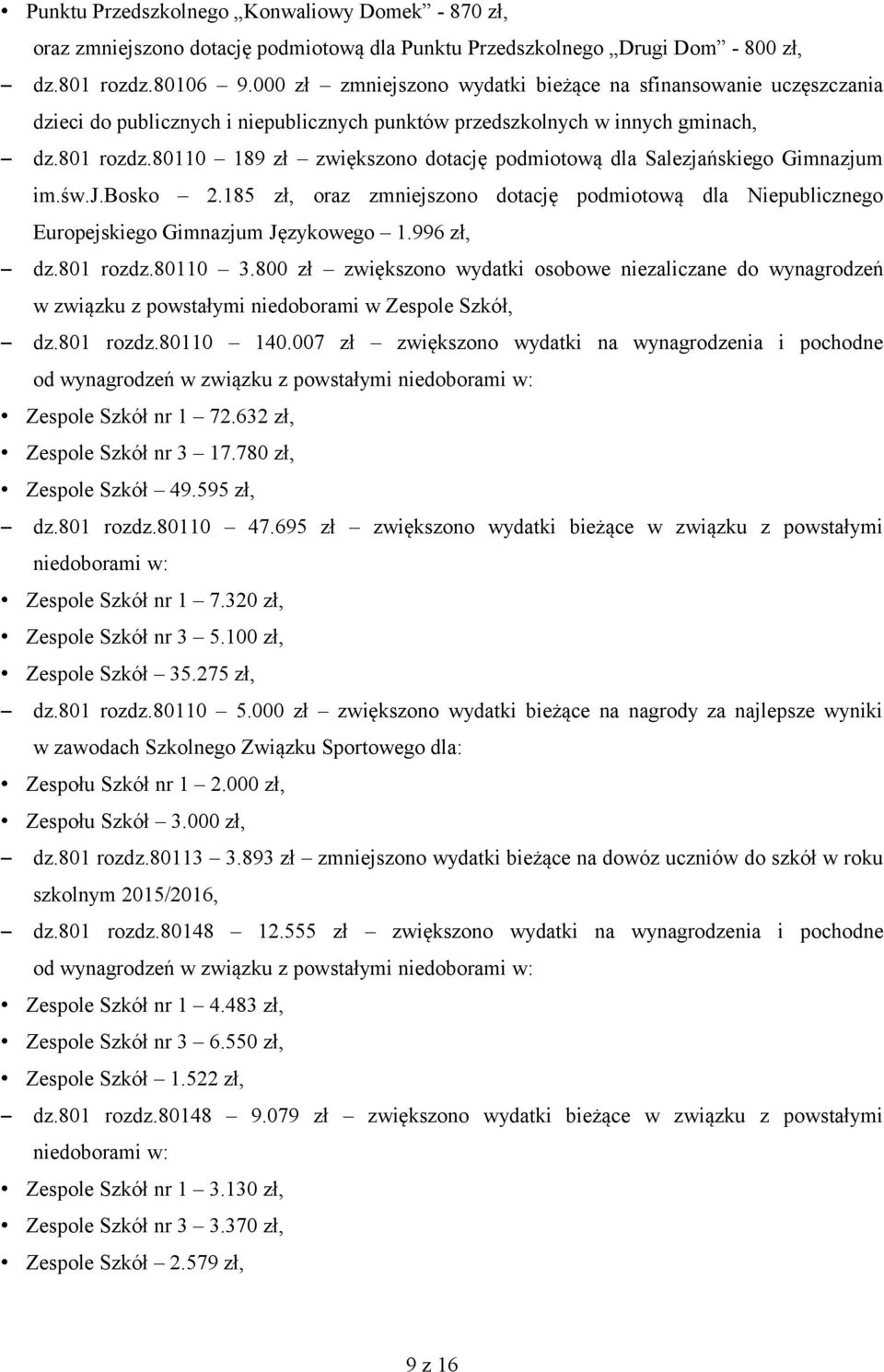 80110 189 zł zwiększono dotację podmiotową dla Salezjańskiego Gimnazjum im.św.j.bosko 2.185 zł, oraz zmniejszono dotację podmiotową dla Niepublicznego Europejskiego Gimnazjum Językowego 1.996 zł, dz.