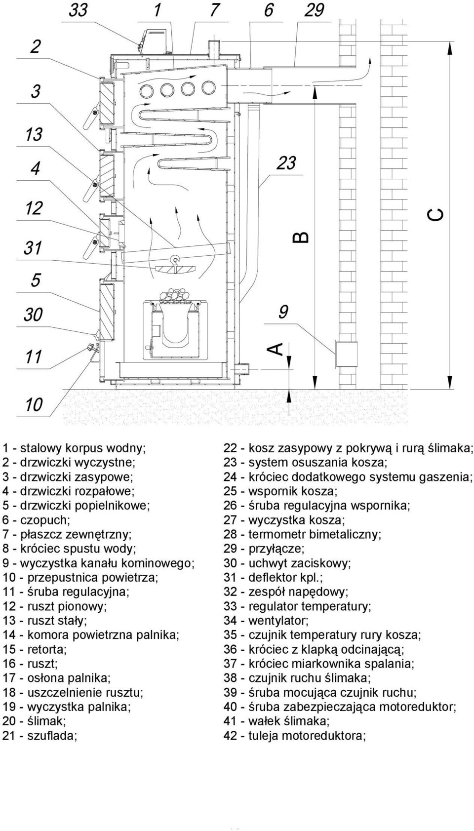 króciec spustu wody; 29 - przyłącze; 9 - wyczystka kanału kominowego; 30 - uchwyt zaciskowy; 10 - przepustnica powietrza; 31 - deflektor kpl.