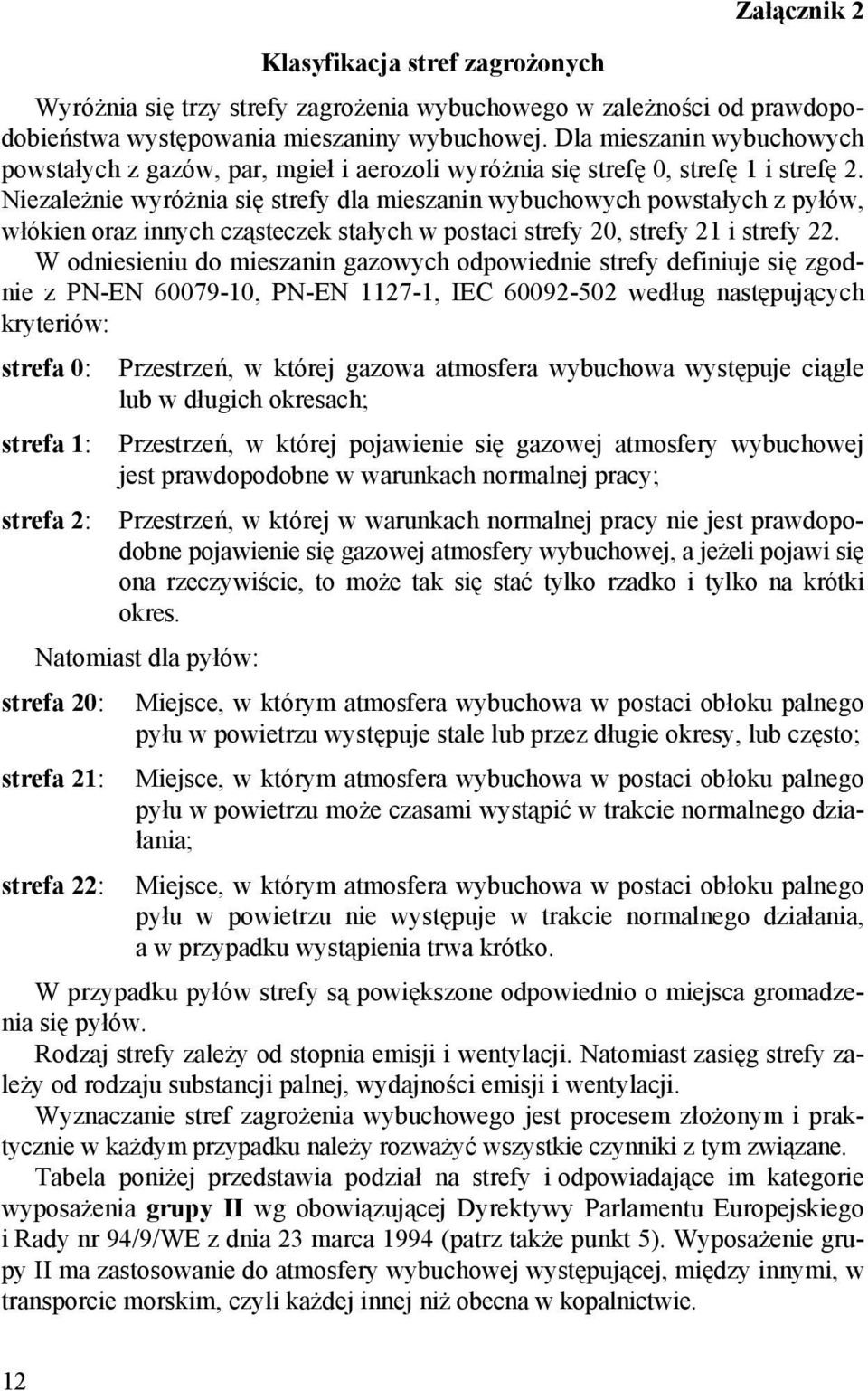 Niezależnie wyróżnia się strefy dla mieszanin wybuchowych powstałych z pyłów, włókien oraz innych cząsteczek stałych w postaci strefy 20, strefy 21 i strefy 22.