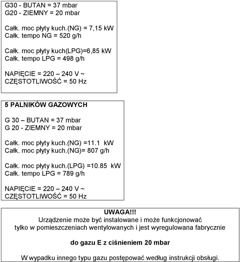 moc płyty kuch.(ng)= 807 g/h Całk. moc płyty kuch.(lpg) =10.85 kw Całk. tempo LPG = 789 g/h NAPIĘCIE = 220 240 V ~ CZĘSTOTLIWOŚĆ = 50 Hz UWAGA!