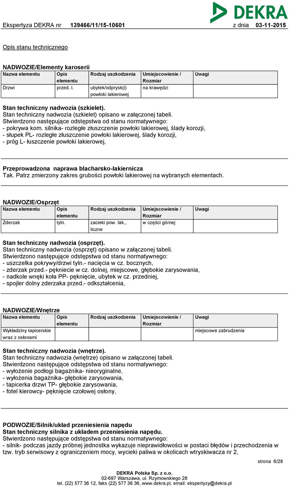 Stwierdzono następujące odstępstwa od stanu normatywnego: - pokrywa kom.