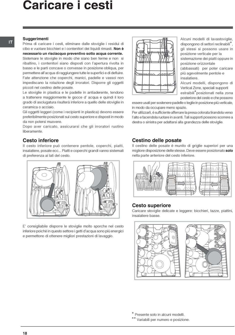 Sistemare le stoviglie in modo che siano ben ferme e non si ribaltino, i contenitori siano disposti con l apertura rivolta in basso e le parti concave o convesse in posizione obliqua, per permettere