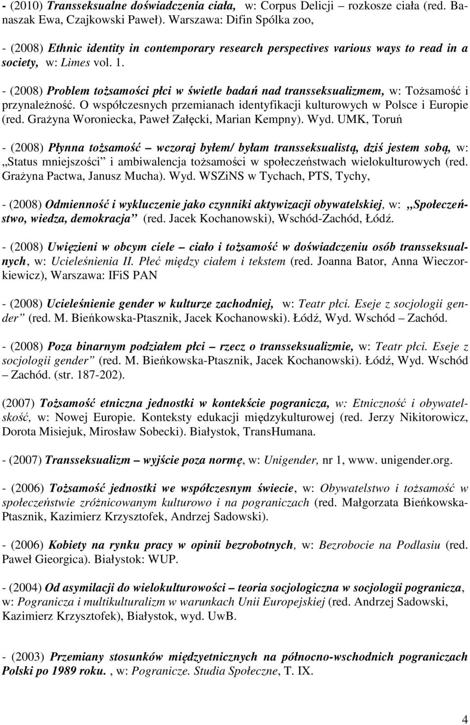 - (2008) Problem tożsamości płci w świetle badań nad transseksualizmem, w: Tożsamość i przynależność. O współczesnych przemianach identyfikacji kulturowych w Polsce i Europie (red.