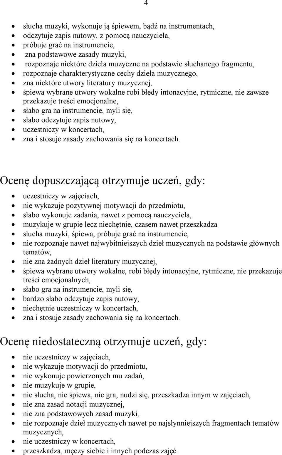 rytmiczne, nie zawsze przekazuje treści emocjonalne, słabo gra na instrumencie, myli się, słabo odczytuje zapis nutowy, uczestniczy w koncertach, zna i stosuje zasady zachowania się na koncertach.