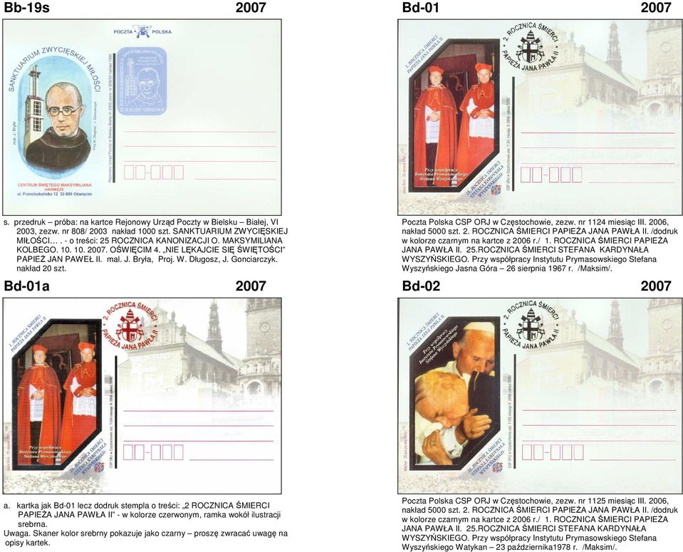 Poczta Polska CSP ORJ w Częstochowie, zezw. nr 1124 miesiąc III. 2006, nakład 5000 szt. 2. ROCZNICA ŚMIERCI PAPIEŻA JANA PAWŁA II. /dodruk w kolorze czarnym na kartce z 2006 r./ 1.