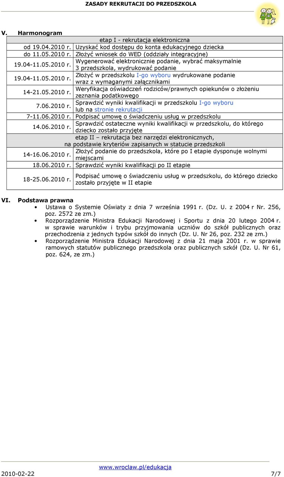 05.2010 r. zeznania podatkowego Sprawdzić wyniki kwalifikacji w przedszkolu I-go wyboru 7.06.2010 r. lub na stronie rekrutacji 7-11.06.2010 r. Podpisać umowę o świadczeniu usług w przedszkolu Sprawdzić ostateczne wyniki kwalifikacji w przedszkolu, do którego 14.