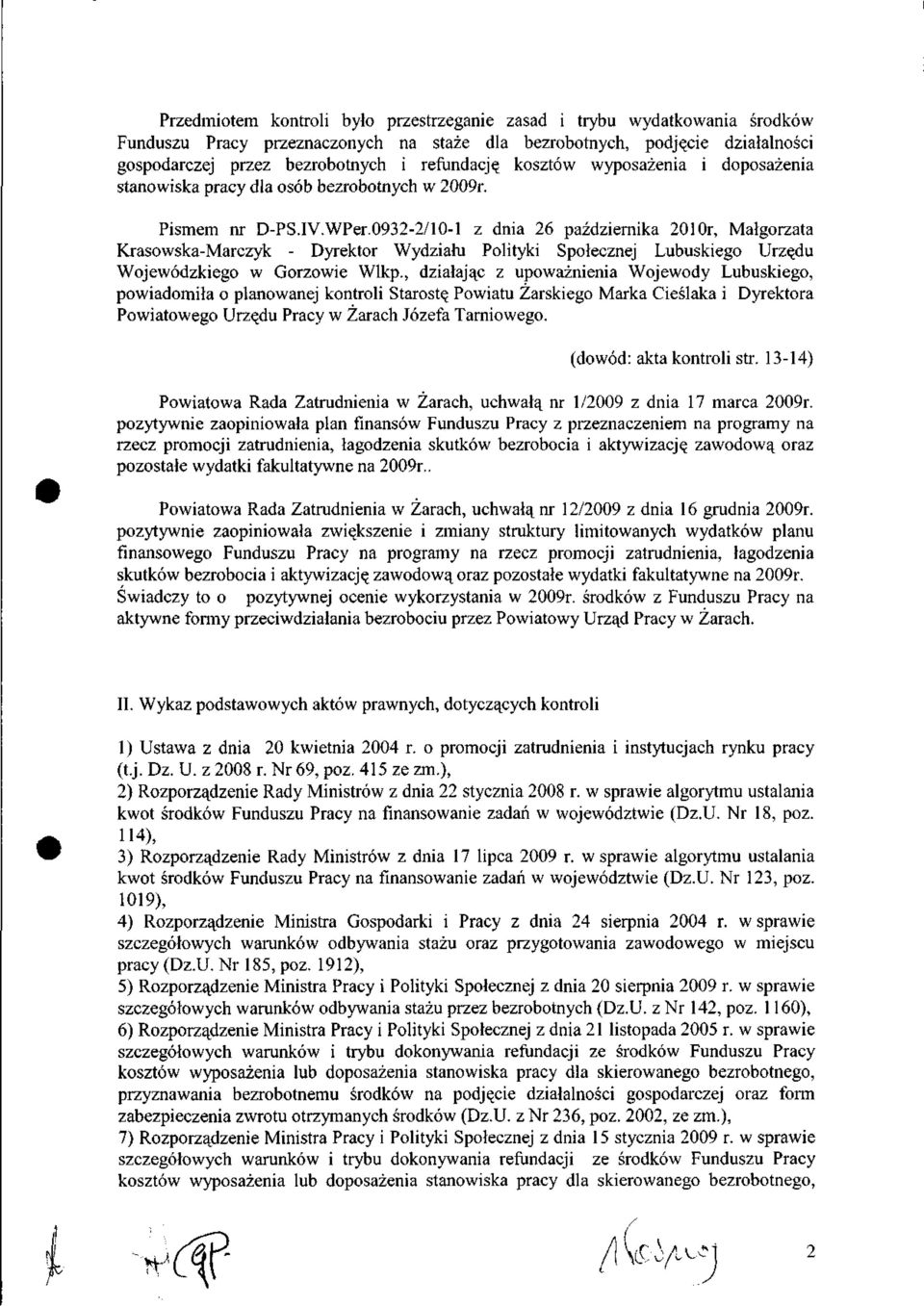 0932-2/10-l z dnia 26 października 2010r, Małgorzata Krasowska-Marczyk - Dyrektor Wydziału Polityki Społecznej Lubuskiego Urzędu Wojewódzkiego w Gorzowie Wlkp.