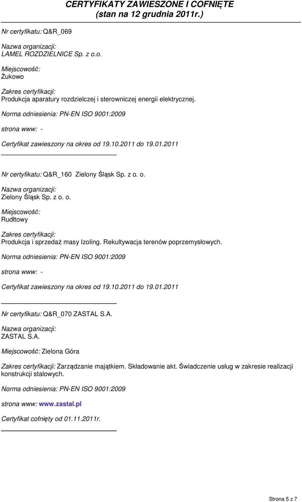 Rekultywacja terenów poprzemysłowych. Certyfikat zawieszony na okres od 19.10.2011 do 19.01.2011 Nr certyfikatu: Q&R_070 ZASTAL S.A. ZASTAL S.A. Miejscowość: Zielona Góra Zakres certyfikacji: Zarządzanie majątkiem.