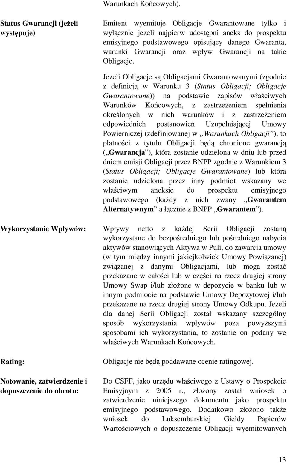 Gwarancji oraz wpływ Gwarancji na takie Obligacje.