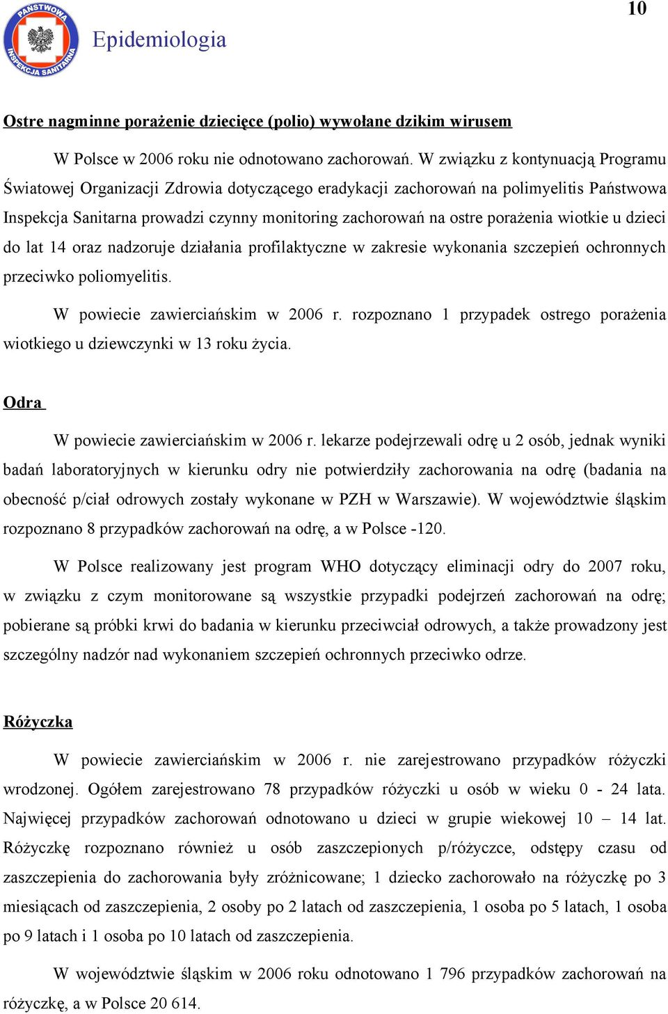 wiotkie u dzieci do lat 4 oraz nadzoruje działania profilaktyczne w zakresie wykonania szczepień ochronnych przeciwko poliomyelitis. W powiecie zawierciańskim w 6 r.