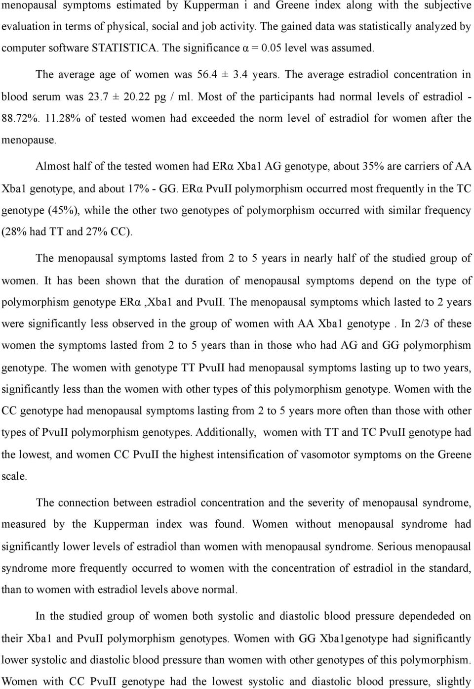 The average estradiol concentration in blood serum was 23.7 ± 20.22 pg / ml. Most of the participants had normal levels of estradiol - 88.72%. 11.