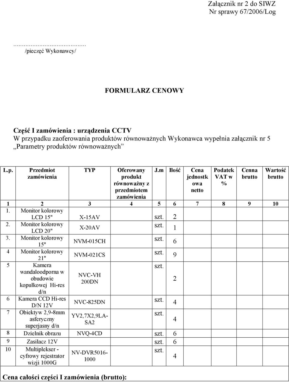 m Ilość Cena jednostk owa netto Podatek VAT w % Cenna brutto 1 2 3 4 5 6 7 8 9 10 1. Monitor kolorowy LCD 15" X-15AV szt. 2 2. Monitor kolorowy LCD 20" 3.