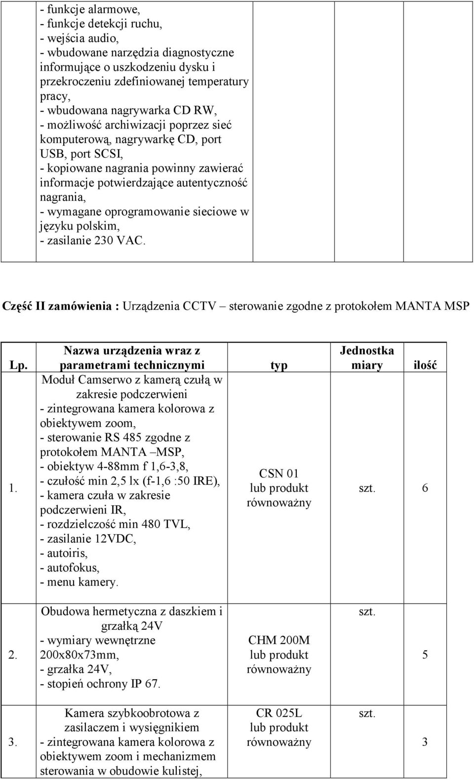 wymagane oprogramowanie sieciowe w języku polskim, - zasilanie 230 VAC. Część II zamówienia : Urządzenia CCTV sterowanie zgodne z protokołem MANTA MSP Lp. 1.