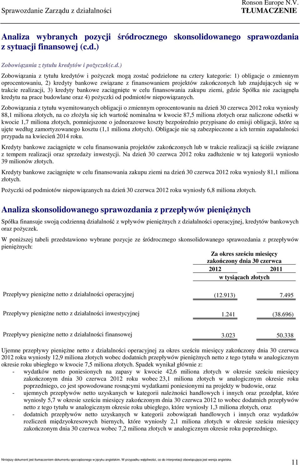 z działalności Analiza wybranych pozycji śródrocznego skonsolidowanego sprawozdania z sytuacji finansowej (c.d.) Zobowiązania z tytułu kredytów i pożyczek(c.d.) Zobowiązania z tytułu kredytów i