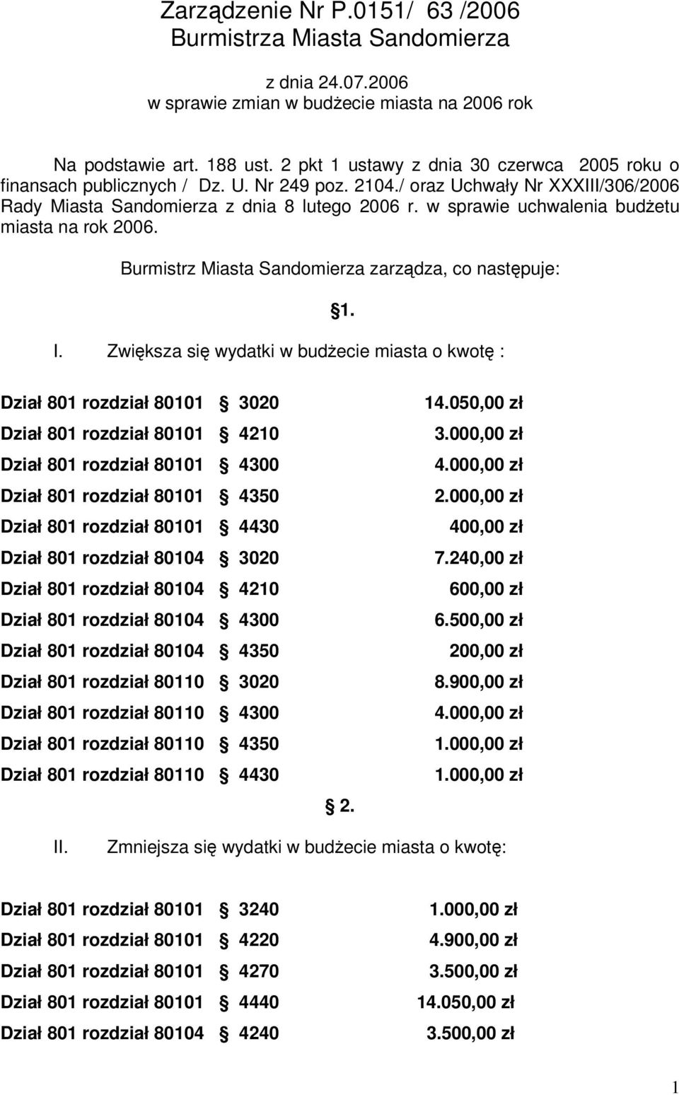 w sprawie uchwalenia budetu miasta na rok 2006. Burmistrz Miasta Sandomierza zarzdza, co nastpuje: 1. I.