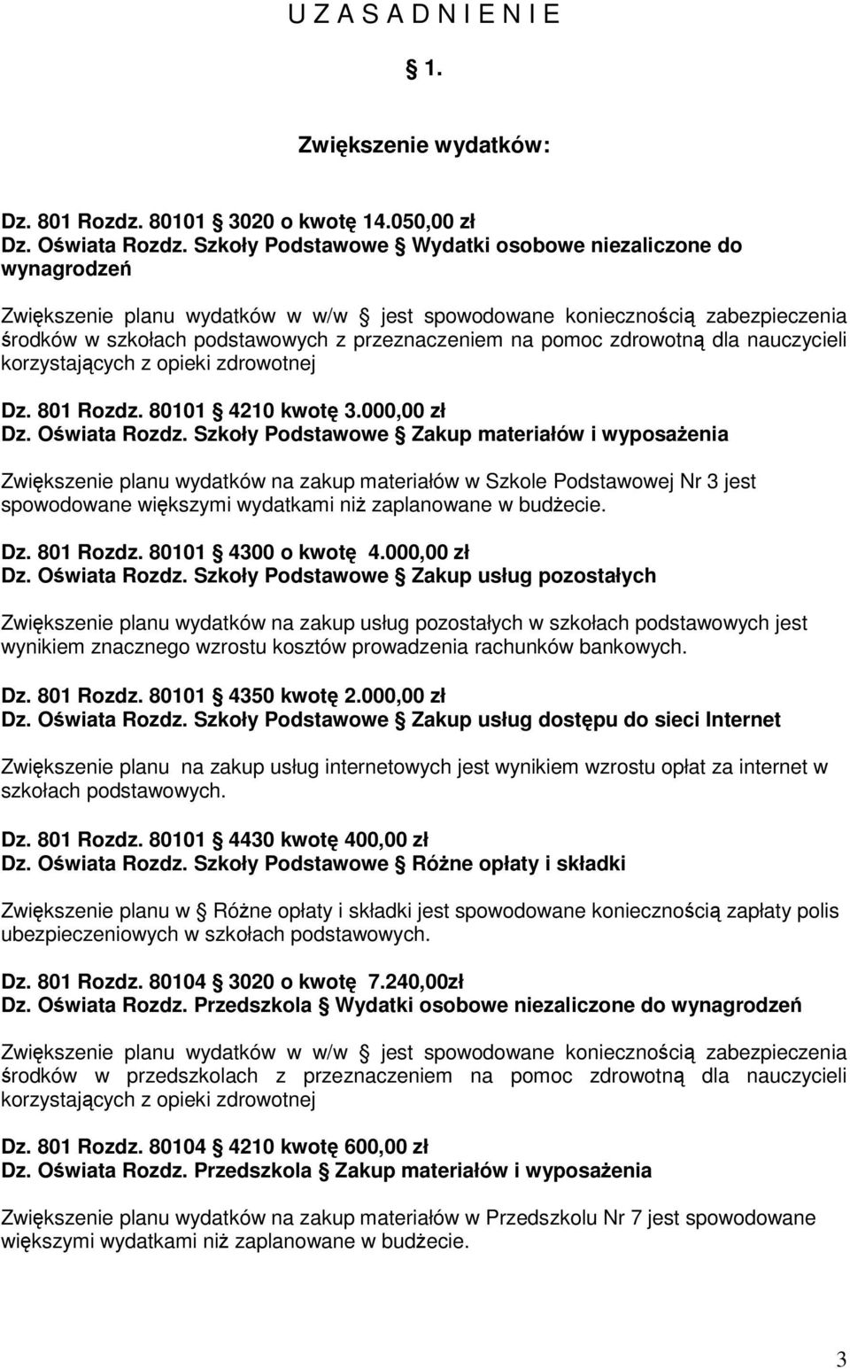 zdrowotn dla nauczycieli korzystajcych z opieki zdrowotnej Dz. 801 Rozdz. 80101 4210 kwot 3.000,00 zł Dz. Owiata Rozdz.