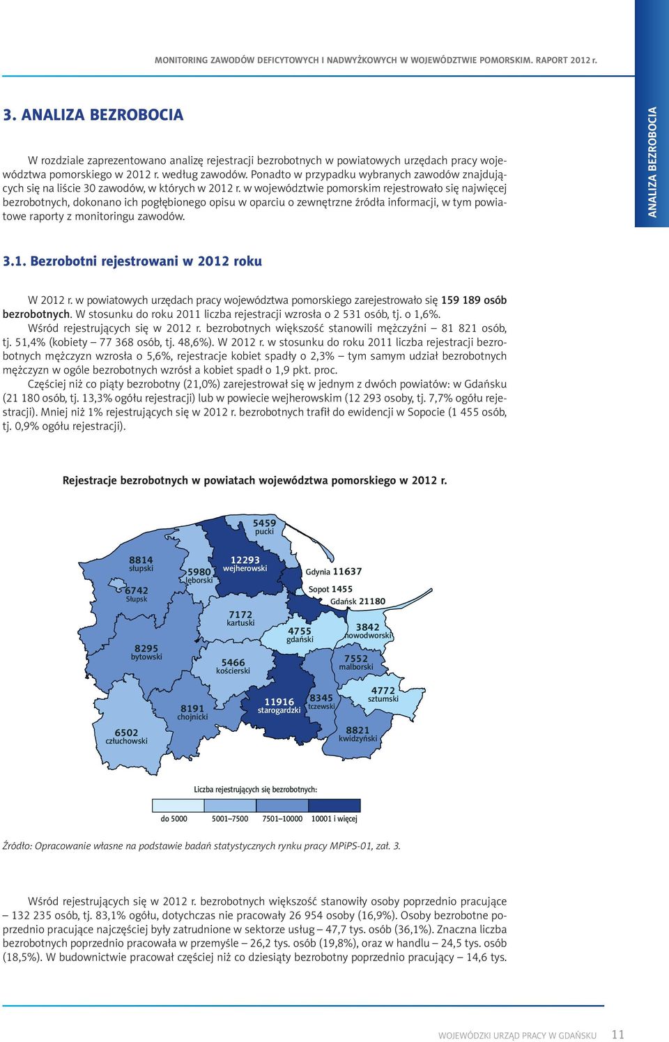 w województwie pomorskim rejestrowało się najwięcej bezrobotnych, dokonano ich pogłębionego opisu w oparciu o zewnętrzne źródła informacji, w tym powiatowe raporty z monitoringu zawodów.